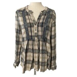BKE Women's Large Shirt Beige Blue Plaid Peplum Babydoll Long Sleeve Raw Hem